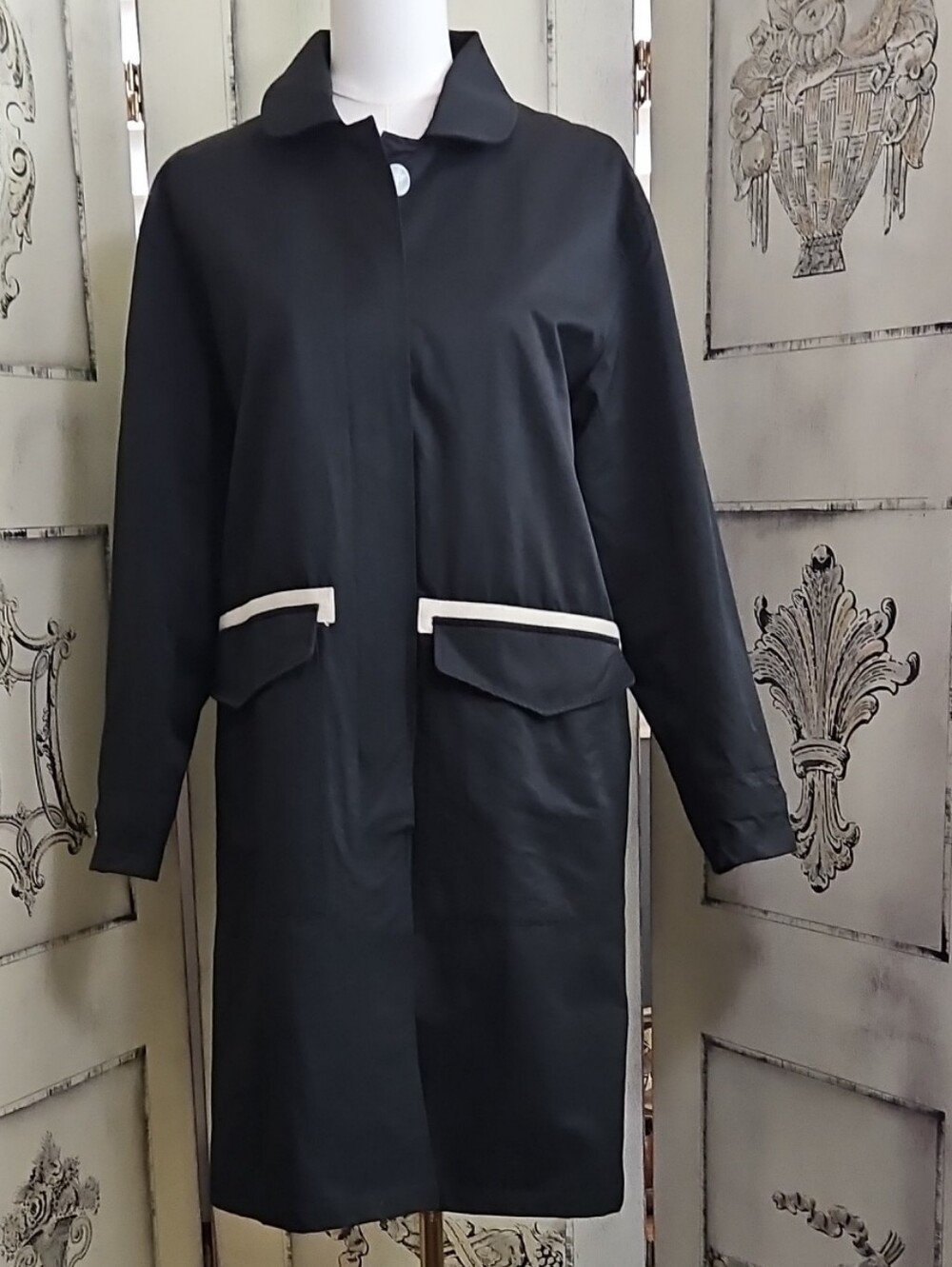 Mod Ref Black Trench Coat with White Trim, OVER SIZED BUTTONS,MINIMALIST